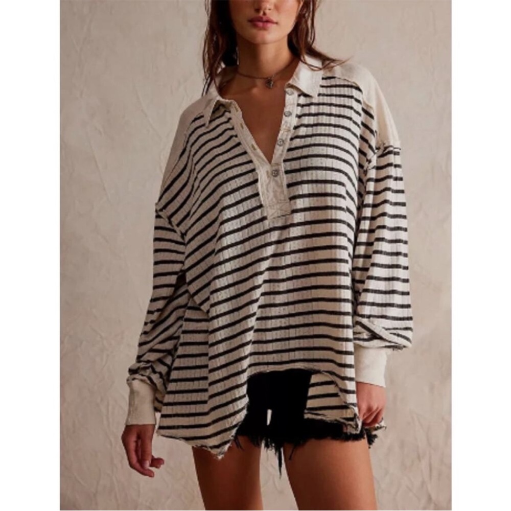 Free People Cream and Black Striped Long Sleeve Henley Tee